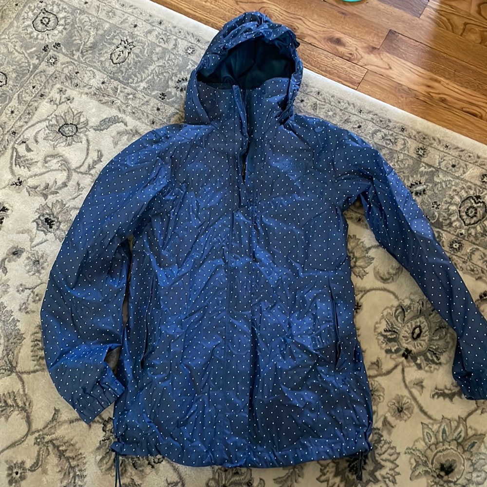Navy and White Polka Dot North Face Rain Jacket NWOT